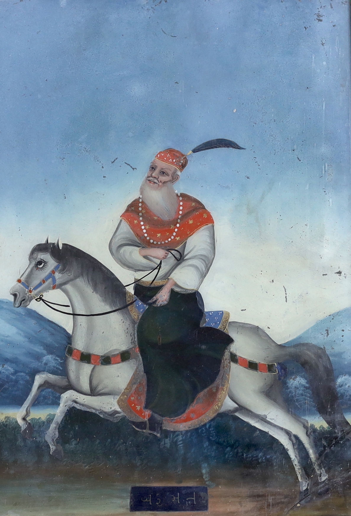 19th century Indian School, reverse glass painted panel, Rider on horseback, 49 x 33cm